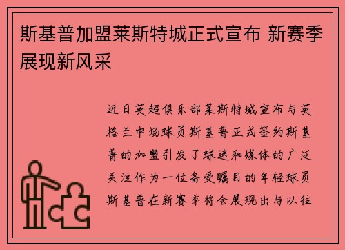 斯基普加盟莱斯特城正式宣布 新赛季展现新风采